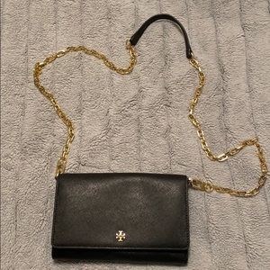 Black Tory Burch cross body purse with Gold Chain